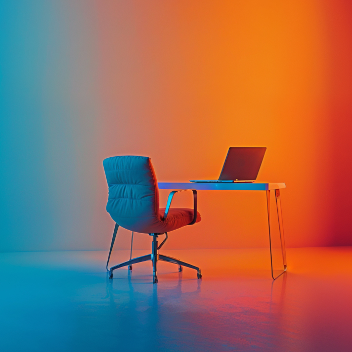 A desk with laptop and chair, gradient background