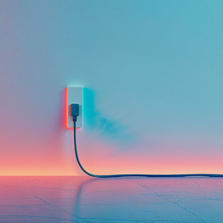 a cable plugged in an empty wall with gradient lights